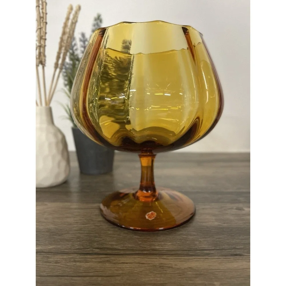 Vintage Amber Art Glass Vase Made‎ in Italy Scalloped Brandy Snifter Centerpiece